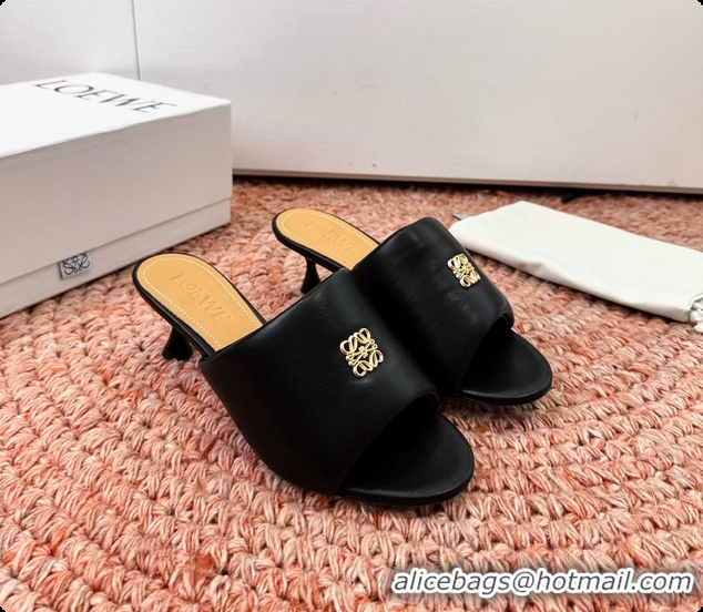 Luxurious Loewe Anagram Slip On Padded Leather Heeled Slides Sandals Black 6070314