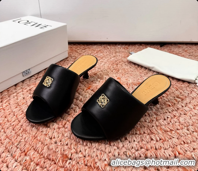 Luxurious Loewe Anagram Slip On Padded Leather Heeled Slides Sandals Black 6070314