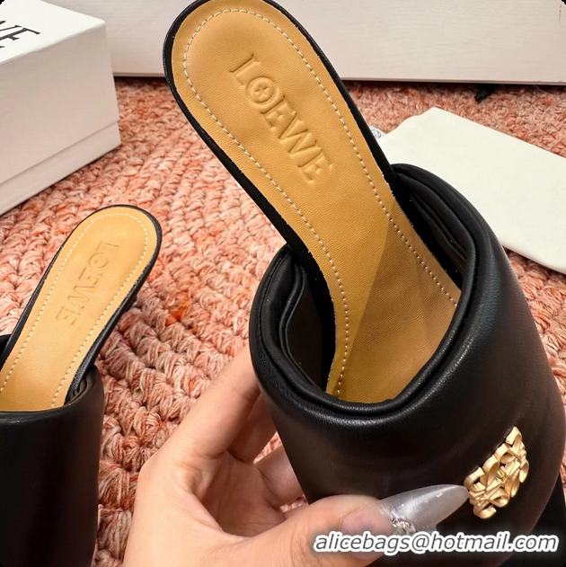 Luxurious Loewe Anagram Slip On Padded Leather Heeled Slides Sandals Black 6070314