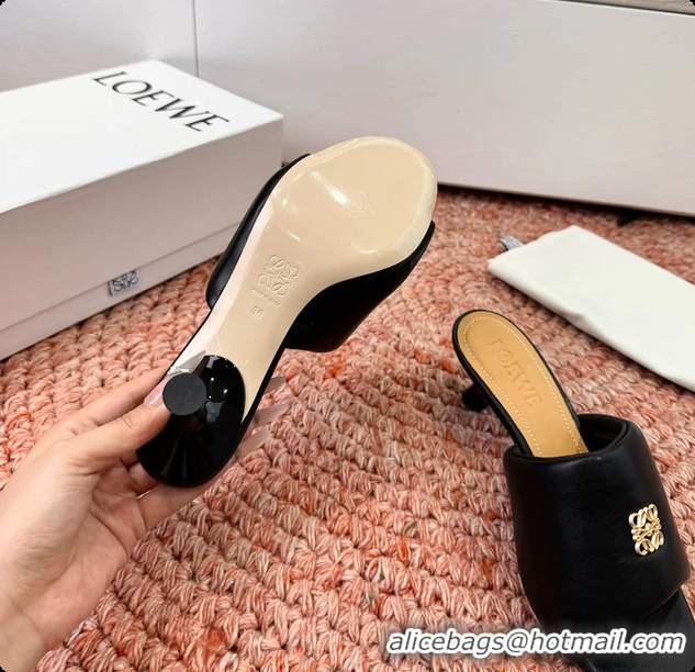 Luxurious Loewe Anagram Slip On Padded Leather Heeled Slides Sandals Black 6070314