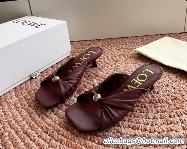 Top Design Loewe Pebble Soft Slide Sandals Burgundy laminated Lambskin Leather 6070316