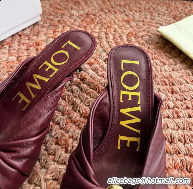 Top Design Loewe Pebble Soft Slide Sandals Burgundy laminated Lambskin Leather 6070316