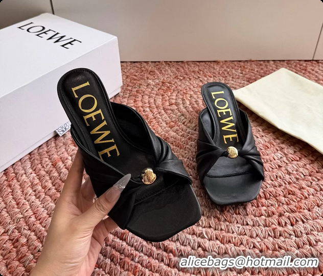 Big Discount Loewe Pebble Soft Slide Sandals Black laminated Lambskin Leather 6070316