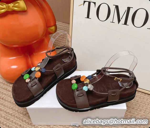Popular Style Loewe Pebble Beads Fussbett Flat Sandals Dark Brown Nappa Lambskin Leather 6070317