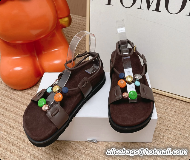Popular Style Loewe Pebble Beads Fussbett Flat Sandals Dark Brown Nappa Lambskin Leather 6070317