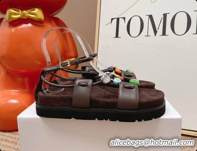 Popular Style Loewe Pebble Beads Fussbett Flat Sandals Dark Brown Nappa Lambskin Leather 6070317