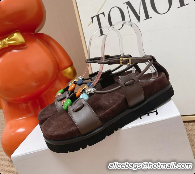 Popular Style Loewe Pebble Beads Fussbett Flat Sandals Dark Brown Nappa Lambskin Leather 6070317