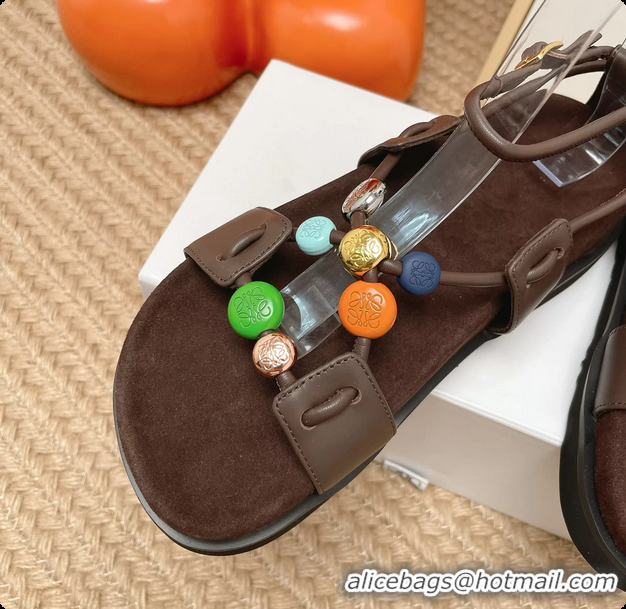 Popular Style Loewe Pebble Beads Fussbett Flat Sandals Dark Brown Nappa Lambskin Leather 6070317