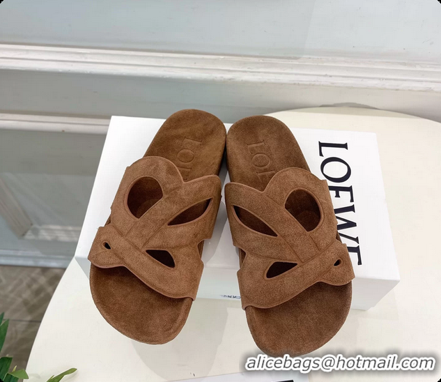 Popular Style Loewe x Paulas Ibiza Ease Monogram Suede Leather Flat Slides Sandals Light Brown 6070318