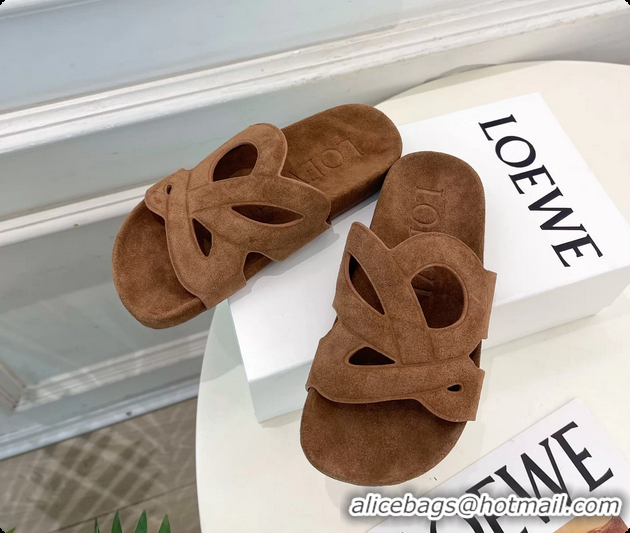Popular Style Loewe x Paulas Ibiza Ease Monogram Suede Leather Flat Slides Sandals Light Brown 6070318