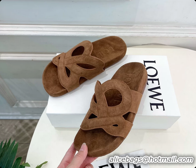 Popular Style Loewe x Paulas Ibiza Ease Monogram Suede Leather Flat Slides Sandals Light Brown 6070318