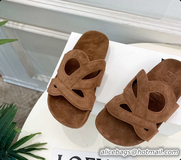 Popular Style Loewe x Paulas Ibiza Ease Monogram Suede Leather Flat Slides Sandals Light Brown 6070318