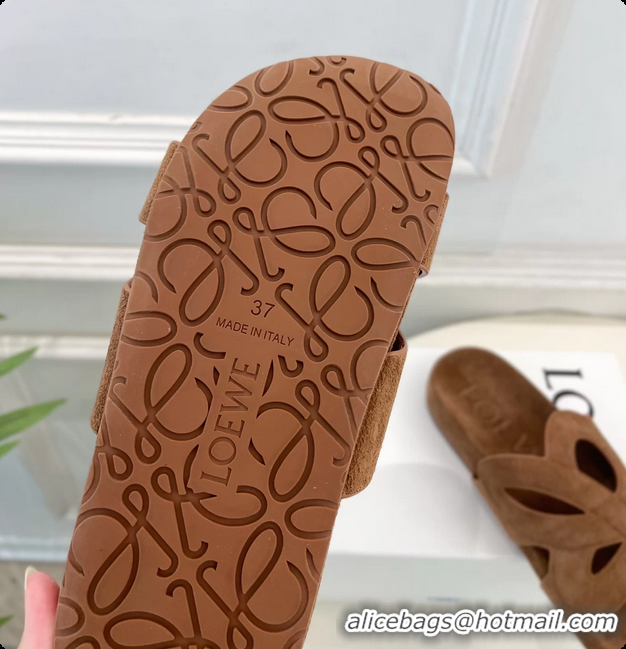 Popular Style Loewe x Paulas Ibiza Ease Monogram Suede Leather Flat Slides Sandals Light Brown 6070318