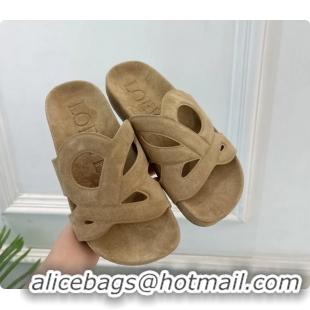 Shop Duplicate Loewe x Paulas Ibiza Ease Monogram Suede Leather Flat Slides Sandals Light Beige 6070318