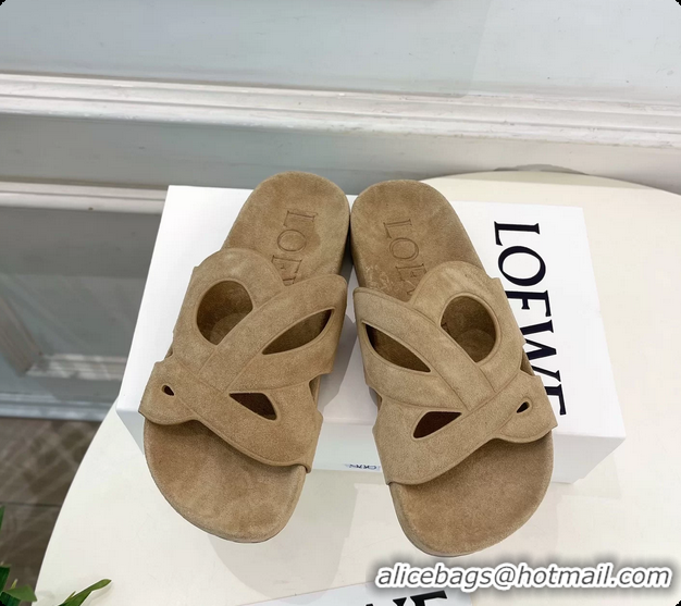 Shop Duplicate Loewe x Paulas Ibiza Ease Monogram Suede Leather Flat Slides Sandals Light Beige 6070318