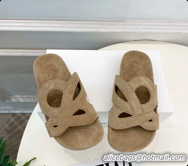 Shop Duplicate Loewe x Paulas Ibiza Ease Monogram Suede Leather Flat Slides Sandals Light Beige 6070318