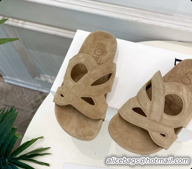 Shop Duplicate Loewe x Paulas Ibiza Ease Monogram Suede Leather Flat Slides Sandals Light Beige 6070318