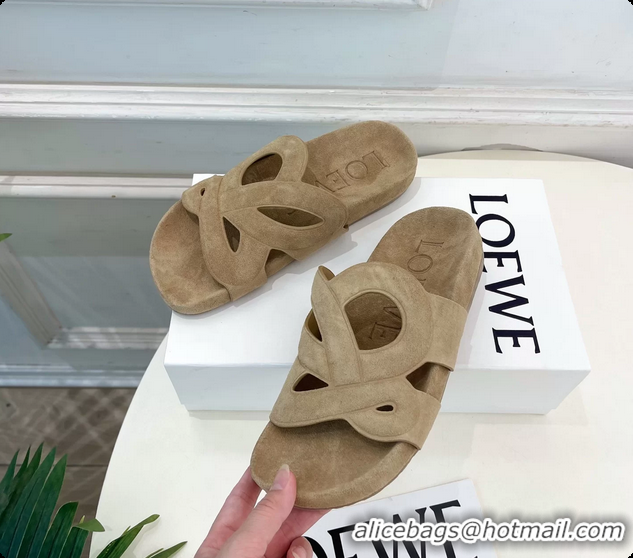 Shop Duplicate Loewe x Paulas Ibiza Ease Monogram Suede Leather Flat Slides Sandals Light Beige 6070318