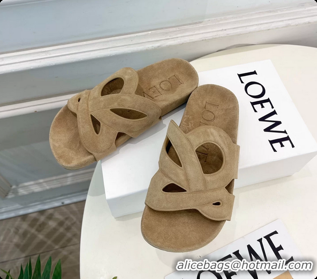 Shop Duplicate Loewe x Paulas Ibiza Ease Monogram Suede Leather Flat Slides Sandals Light Beige 6070318