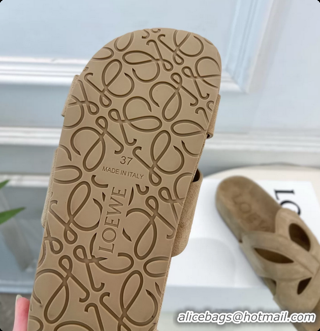 Shop Duplicate Loewe x Paulas Ibiza Ease Monogram Suede Leather Flat Slides Sandals Light Beige 6070318