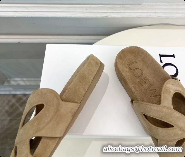 Shop Duplicate Loewe x Paulas Ibiza Ease Monogram Suede Leather Flat Slides Sandals Light Beige 6070318