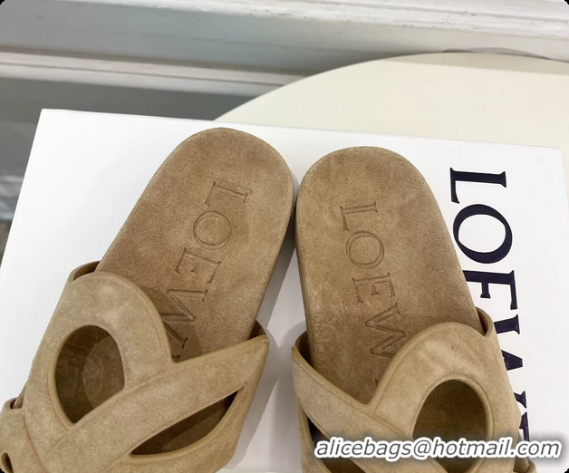 Shop Duplicate Loewe x Paulas Ibiza Ease Monogram Suede Leather Flat Slides Sandals Light Beige 6070318