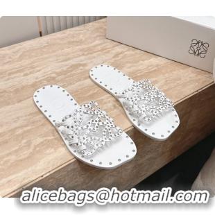 Best Price Loewe Petal Anagram Flat Slides Sandals White Vegetable Tanned Calfskin and Metallic Studs 6070313