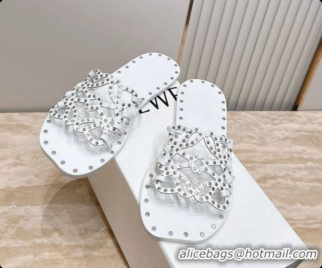 Best Price Loewe Petal Anagram Flat Slides Sandals White Vegetable Tanned Calfskin and Metallic Studs 6070313