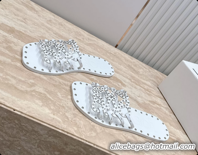 Best Price Loewe Petal Anagram Flat Slides Sandals White Vegetable Tanned Calfskin and Metallic Studs 6070313