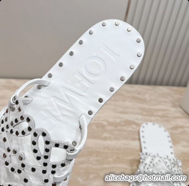Best Price Loewe Petal Anagram Flat Slides Sandals White Vegetable Tanned Calfskin and Metallic Studs 6070313