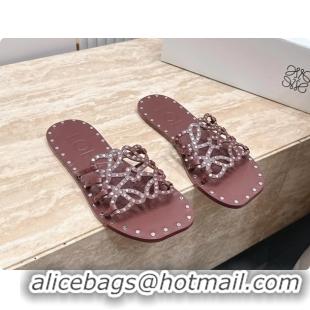 Good Quality Loewe Petal Anagram Flat Slides Sandals Burgundy Vegetable Tanned Calfskin and Metallic Studs 6070313