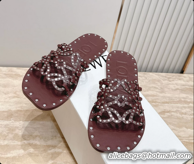 Good Quality Loewe Petal Anagram Flat Slides Sandals Burgundy Vegetable Tanned Calfskin and Metallic Studs 6070313