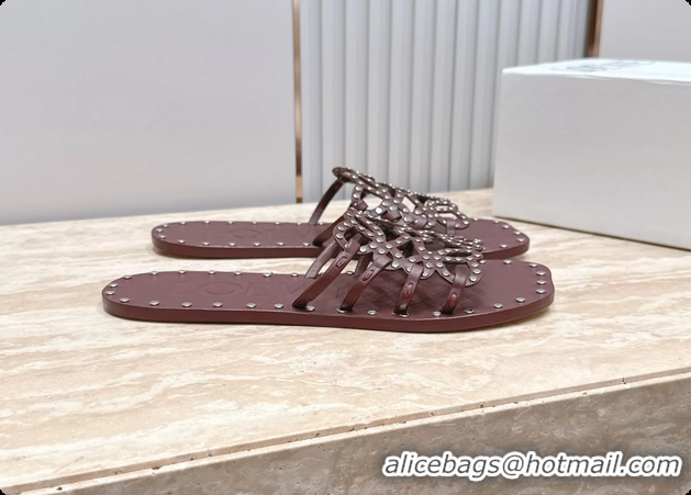 Good Quality Loewe Petal Anagram Flat Slides Sandals Burgundy Vegetable Tanned Calfskin and Metallic Studs 6070313