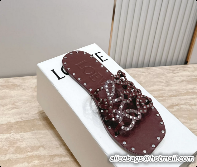 Good Quality Loewe Petal Anagram Flat Slides Sandals Burgundy Vegetable Tanned Calfskin and Metallic Studs 6070313