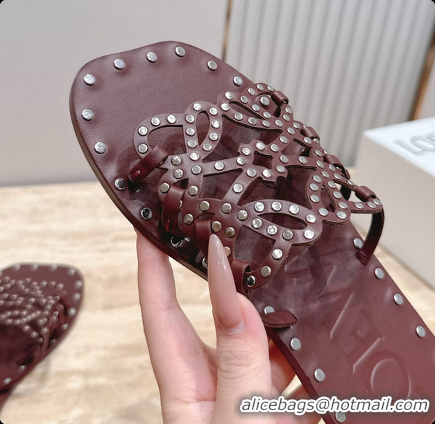 Good Quality Loewe Petal Anagram Flat Slides Sandals Burgundy Vegetable Tanned Calfskin and Metallic Studs 6070313
