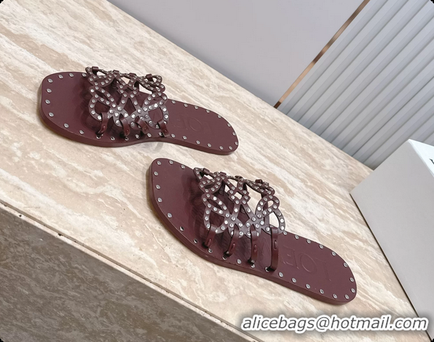 Good Quality Loewe Petal Anagram Flat Slides Sandals Burgundy Vegetable Tanned Calfskin and Metallic Studs 6070313