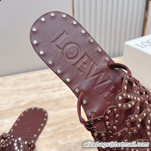 Good Quality Loewe Petal Anagram Flat Slides Sandals Burgundy Vegetable Tanned Calfskin and Metallic Studs 6070313