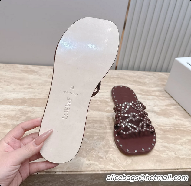 Good Quality Loewe Petal Anagram Flat Slides Sandals Burgundy Vegetable Tanned Calfskin and Metallic Studs 6070313