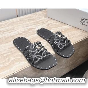 Classic Hot Loewe Petal Anagram Flat Slides Sandals Black Vegetable Tanned Calfskin and Metallic Studs 6070313