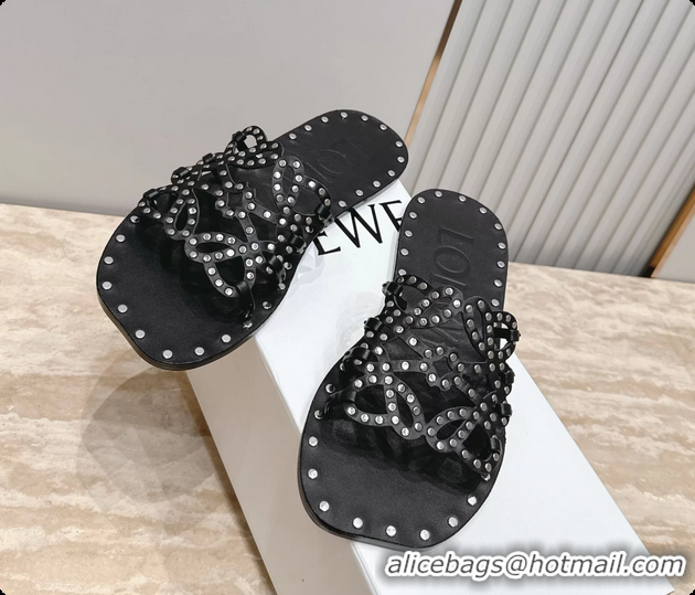 Classic Hot Loewe Petal Anagram Flat Slides Sandals Black Vegetable Tanned Calfskin and Metallic Studs 6070313