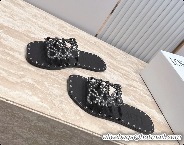 Classic Hot Loewe Petal Anagram Flat Slides Sandals Black Vegetable Tanned Calfskin and Metallic Studs 6070313