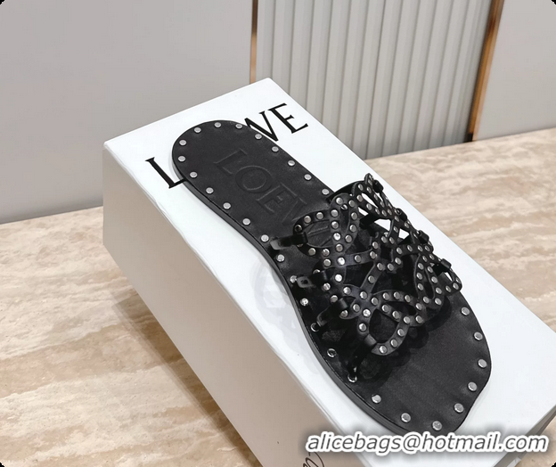Classic Hot Loewe Petal Anagram Flat Slides Sandals Black Vegetable Tanned Calfskin and Metallic Studs 6070313