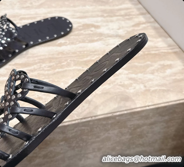 Classic Hot Loewe Petal Anagram Flat Slides Sandals Black Vegetable Tanned Calfskin and Metallic Studs 6070313