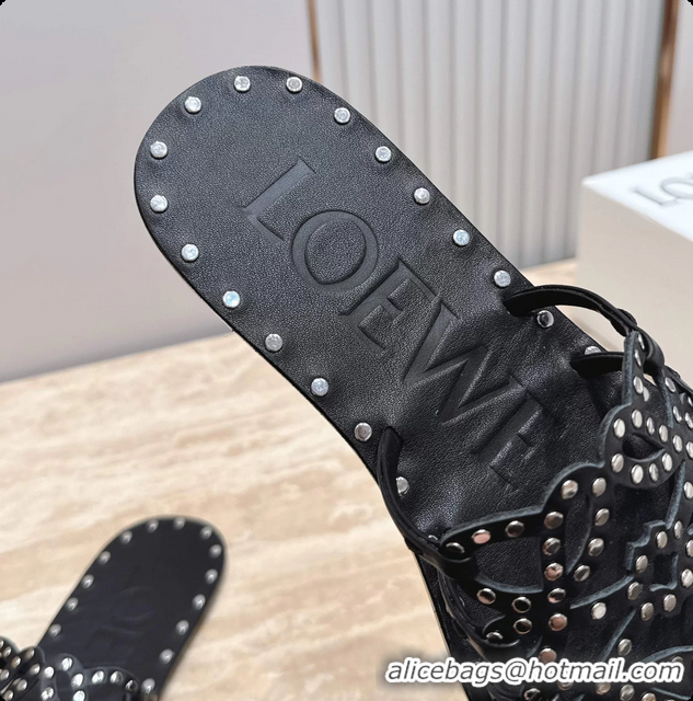 Classic Hot Loewe Petal Anagram Flat Slides Sandals Black Vegetable Tanned Calfskin and Metallic Studs 6070313
