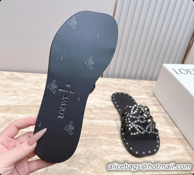 Classic Hot Loewe Petal Anagram Flat Slides Sandals Black Vegetable Tanned Calfskin and Metallic Studs 6070313