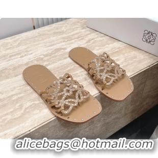 Purchase Loewe Petal Anagram Flat Slides Sandals Beige Vegetable Tanned Calfskin and Metallic Studs 6070313