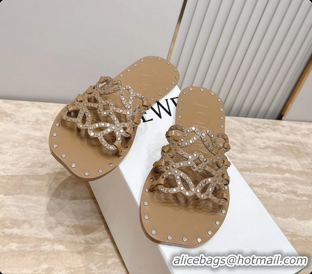 Purchase Loewe Petal Anagram Flat Slides Sandals Beige Vegetable Tanned Calfskin and Metallic Studs 6070313