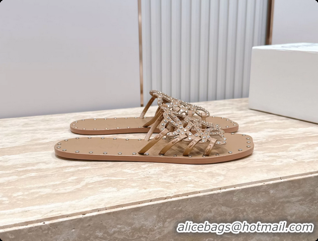Purchase Loewe Petal Anagram Flat Slides Sandals Beige Vegetable Tanned Calfskin and Metallic Studs 6070313