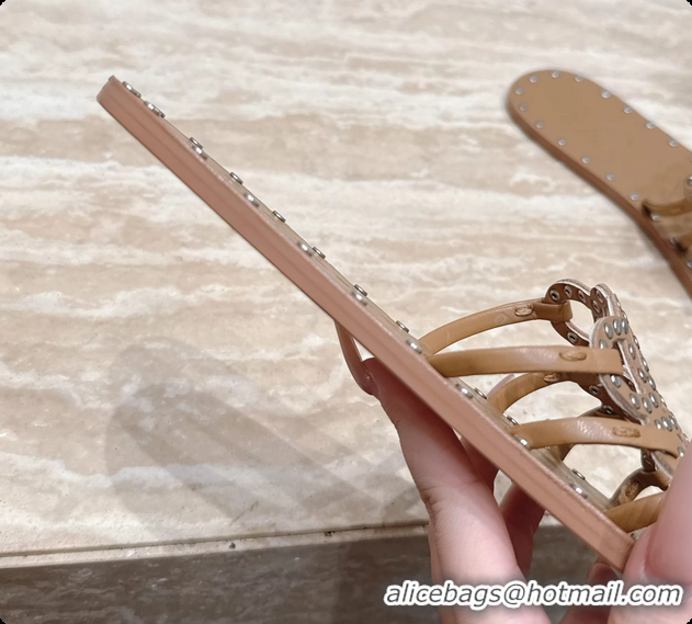 Purchase Loewe Petal Anagram Flat Slides Sandals Beige Vegetable Tanned Calfskin and Metallic Studs 6070313