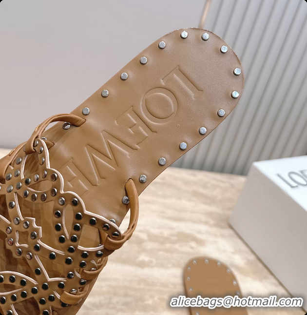 Purchase Loewe Petal Anagram Flat Slides Sandals Beige Vegetable Tanned Calfskin and Metallic Studs 6070313